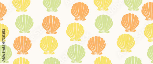 Vector flat illustration. Seamless sea shells pattern. In cartoon style. Cute print with small circles. Perfect for gift wrapping, posters, covers, screensavers, textile decor, etc.