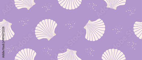 Vector flat illustration. Seamless sea shells pattern. In cartoon style. Cute print with small circles. Perfect for gift wrapping, posters, covers, screensavers, textile decor, etc.