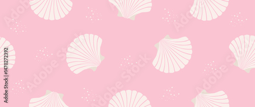 Vector flat illustration. Seamless sea shells pattern. In cartoon style. Cute print with small circles. Perfect for gift wrapping, posters, covers, screensavers, textile decor, etc.