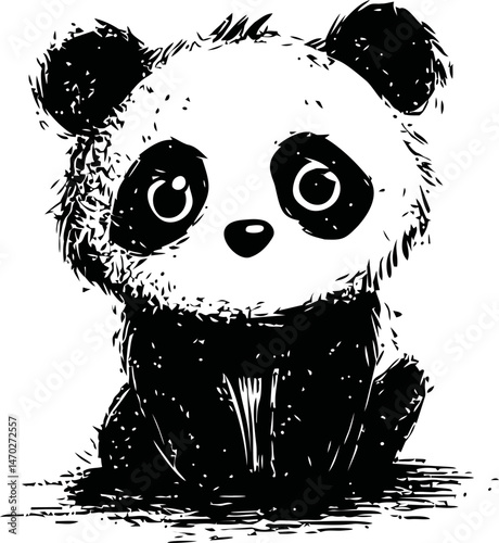 Cute black and white sketch of a sitting panda with big eyes, digital illustration. Vector illustration