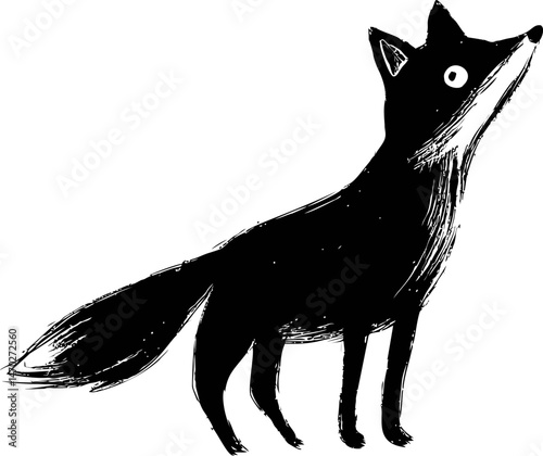 Black and white illustration of a stylized fox with wide eyes, digital artwork. Vector illustration
