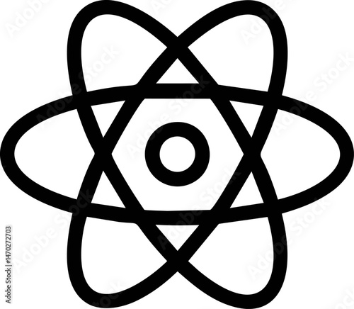 Simple black atom icon with nucleus and orbits: science illustration. Vector illustration