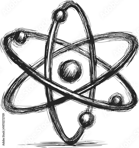 Sketch of an atom with orbiting electrons in black and white, scientific concept. Vector illustration