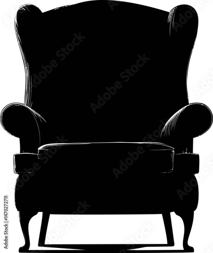 Silhouette of a classic armchair with curved arms and vintage design, black and white sketch. Vector illustration