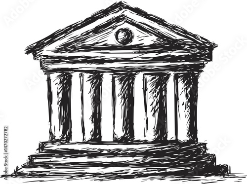 Sketch of an ancient Greek temple with columns in black and white. Vector illustration