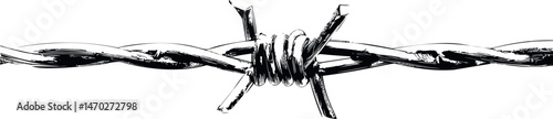 Detailed black and white illustration of barbed wire in close-up view. Vector illustration