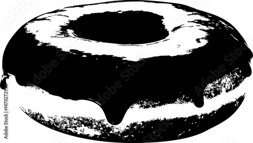 Black and white illustration of a donut with dripping icing, minimalist art. Vector illustration