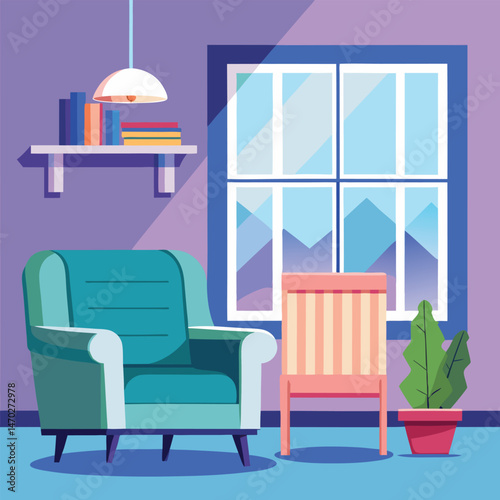 Living room with large window and blue armchair and white heating radiator on wall. Central heating system.