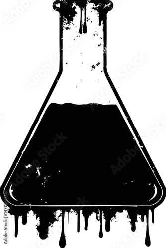 Black ink dripping from a laboratory flask with grunge effect illustration. Vector illustration