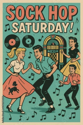 1950s Sock Hop Dance Party Poster with Teens, Poodle Skirts, Jukebox, and Music Notes - Retro Mid-Century Style Flyer Illustration