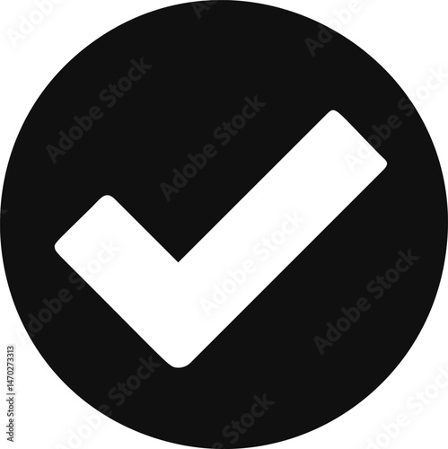 Black circle with white check mark symbol, minimalist design. Vector illustration