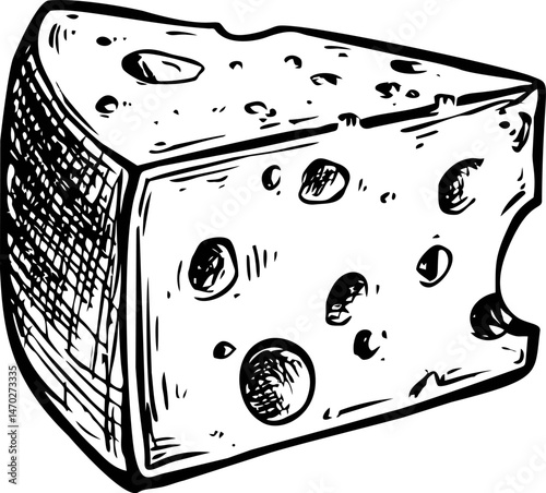 Detailed black and white sketch of cheese with holes, food illustration. Vector illustration