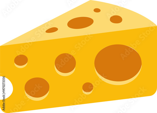 Triangle piece of bright yellow cheese with large holes, in simple vector style. Vector illustration