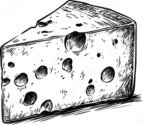 Cheese wedge with large holes in a detailed black and white sketch illustration. Vector illustration