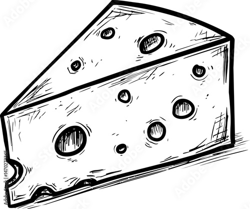Hand-drawn sketch of a wedge of Swiss cheese with holes, black and white illustration. Vector illustration