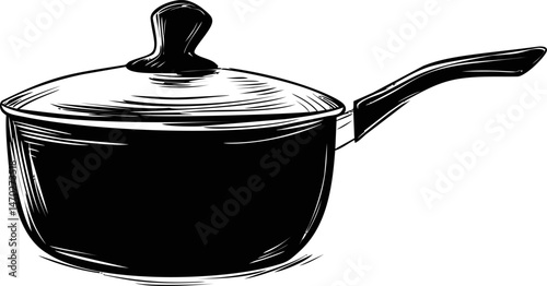 Black and white illustration of a saucepan with lid and handle. Vector illustration