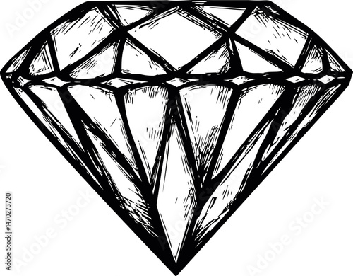 Black and white sketch of a diamond with intricate facets, concept art design. Vector illustration