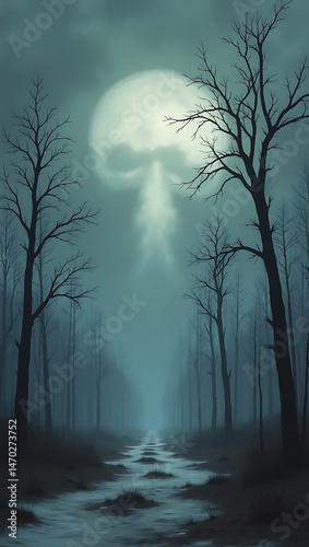 <Eerie Moonlit Forest: Mystical Skull Silhouette in Misty Night Landscape>