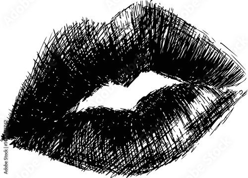Black ink sketch of lips with crosshatch texture, conceptual art illustration. Vector illustration