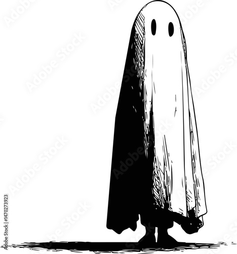 Cartoon ghost in white sheet with cut-out eyes. Vector illustration