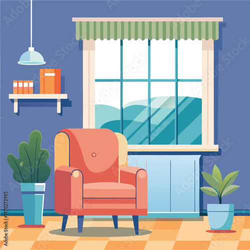 Living room with large window and blue armchair and white heating radiator on wall. Central heating system.