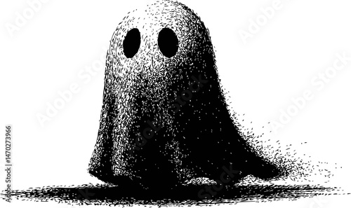 Monochrome sketch of a ghost with dark eyes and textured shadow. Vector illustration