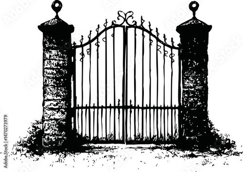 Intricate black wrought iron gate with stone pillars in vintage style drawing. Vector illustration