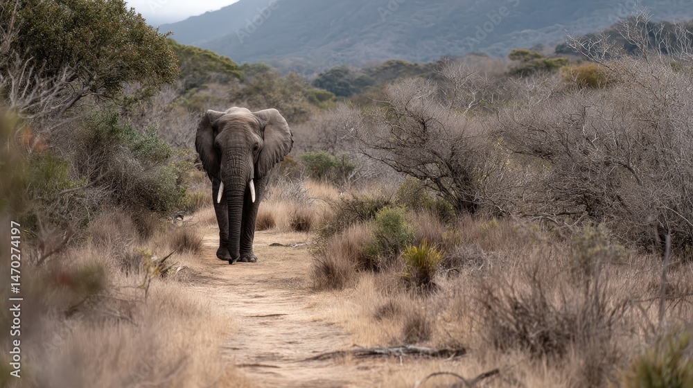 Fototapeta premium Elephant walking along a dry path nature wildlife scene arid environment ground level african landscape