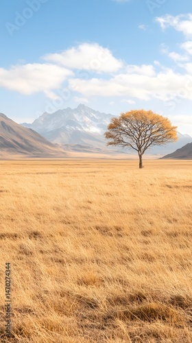 Lone Tree in Golden Field Against Mountain and Blue Sky