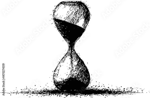 Sketch of a sand-filled hourglass with ink splatters. Vector illustration