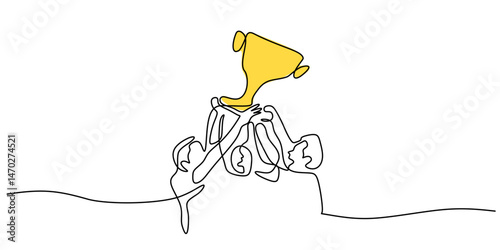 Continuous One Line Drawing Group Raising Trophy Together. Teamwork Success Collaboration Victory Vector.