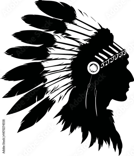 Silhouette of a person wearing a feathered headdress in profile view. Vector illustration