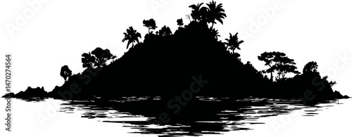 Silhouette of tropical island with palm trees at sunrise reflection. Vector illustration