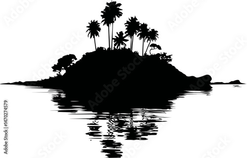 Silhouette of tropical island with palm trees reflected in calm water. Vector illustration