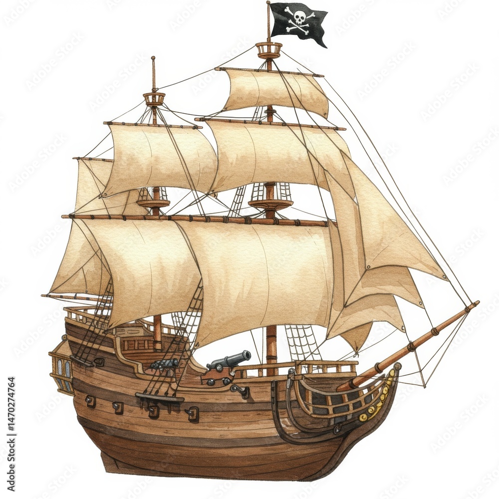 Naklejka premium Vintage Illustration of a Pirate Galleon Sailing on the Ocean