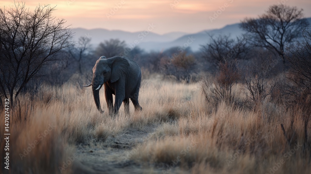 Fototapeta premium Elephant walking twilight landscape nature photography dry grass side view serene journey
