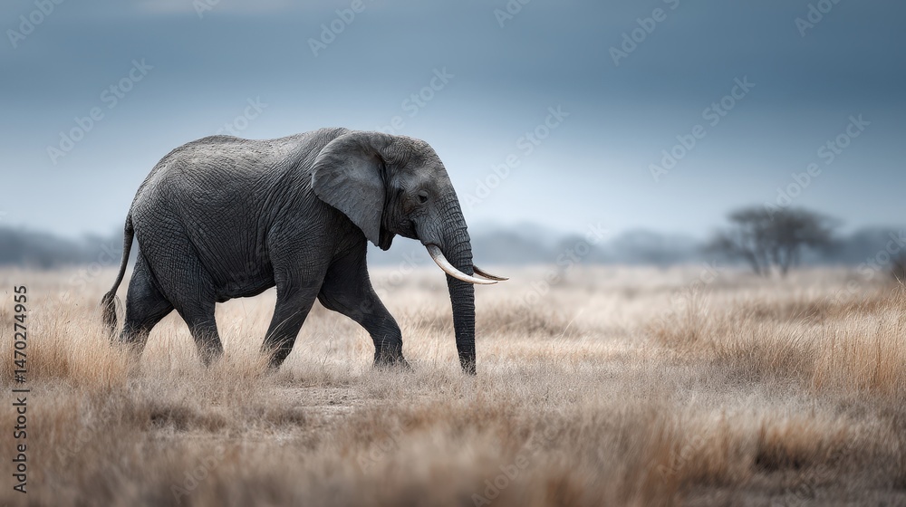 Obraz premium Elephant walking open field wildlife photography natural environment ground level tranquil scene