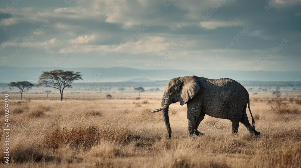 Fototapeta premium Elephant walking through open field nature environment wildlife photography pale blue sky serene landscape