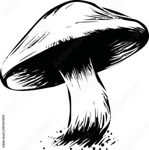 Black and white sketch of a mushroom with shaded details in a minimalist style. Vector illustration