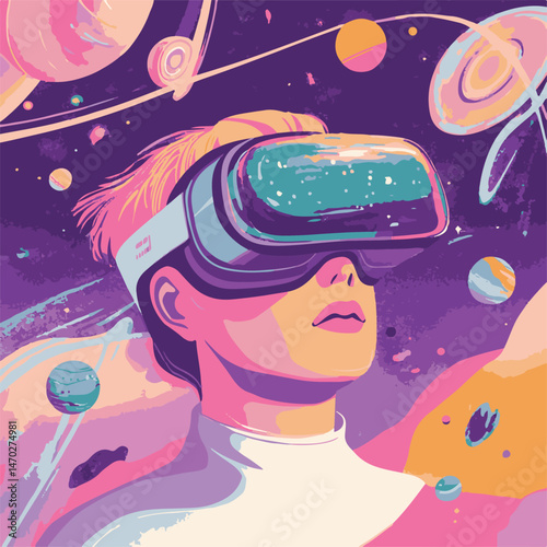 Metaverse Experience Virtual Reality Headset Exploration In A Vibrant Abstract Space World