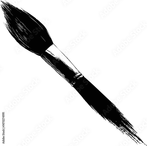 Black and white illustration of a paintbrush with detailed bristles. Vector illustration