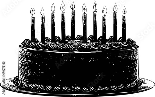 Black and white illustration of a birthday cake with ten lit candles. Vector illustration