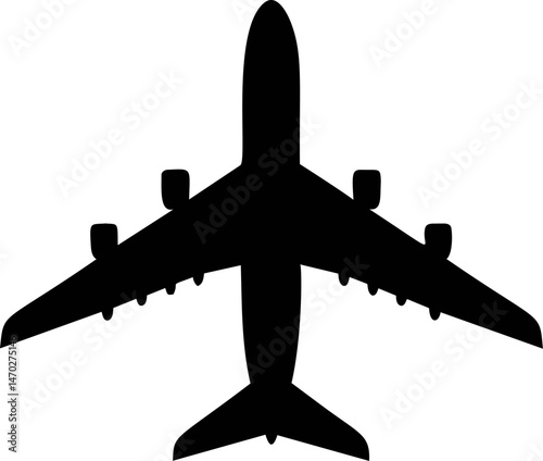 Black airplane silhouette, concept of aviation travel. Vector illustration
