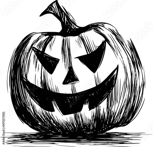 Black and white sketch of a jack-o'-lantern with a sinister grin, illustration. Vector illustration