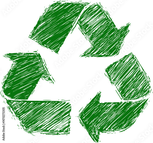 Green hand-drawn recycling symbol with sketch-like texture, environmental concept. Vector illustration