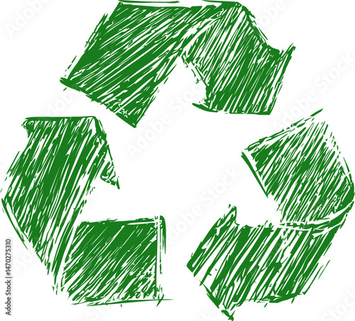 Green sketched recycling symbol icon, hand-drawn concept. Vector illustration
