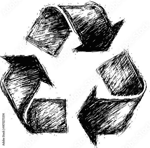 Hand-drawn black and white recycling symbol with sketchy arrows. Vector illustration