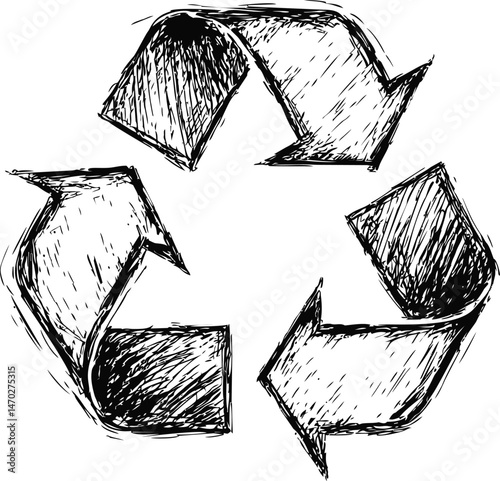 Sketched black and white recycling symbol with a hand-drawn artistic style. Vector illustration