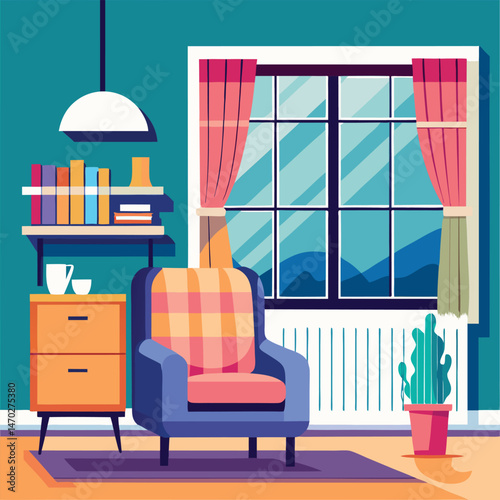 Living room with large window and blue armchair and white heating radiator on wall. Central heating system.