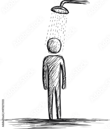 Sketch of a person standing under a shower with flowing water, artistic concept. Vector illustration